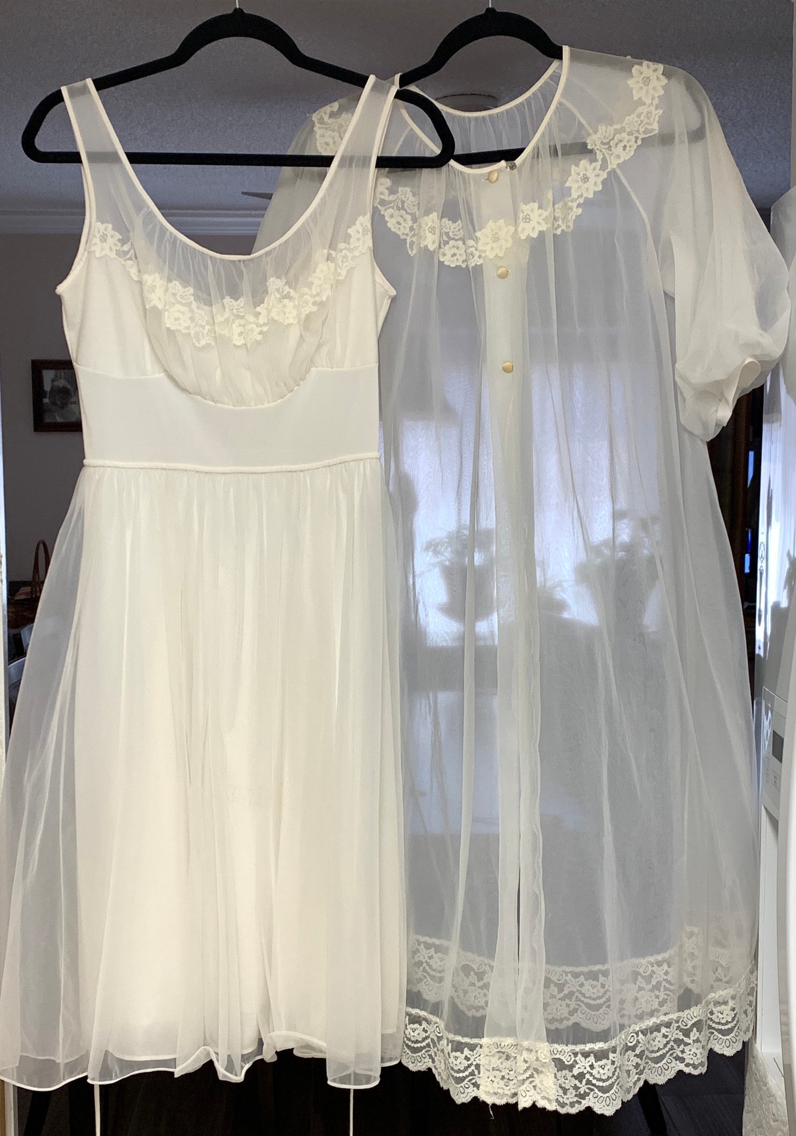 1950s Vintage Nightgown & Robe Shadowline Set, White Chiffon Day Dress ...