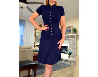 Vintage Lillie Rubin Knit Skirt Set • 2 Piece Sweater & Pencil Skirt • Navy Blue • Gold Functional Buttons • Classic 1980s Designer