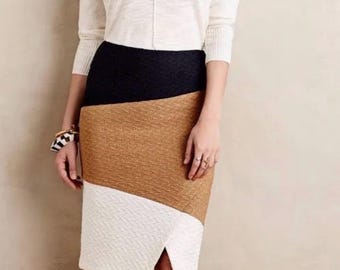 Anthropologie HD In Paris Textured Knit Pencil Skirt, Stretchy Figure Hugging Asymmetrical, Color Block, Brown, Black, and White, 6, Small