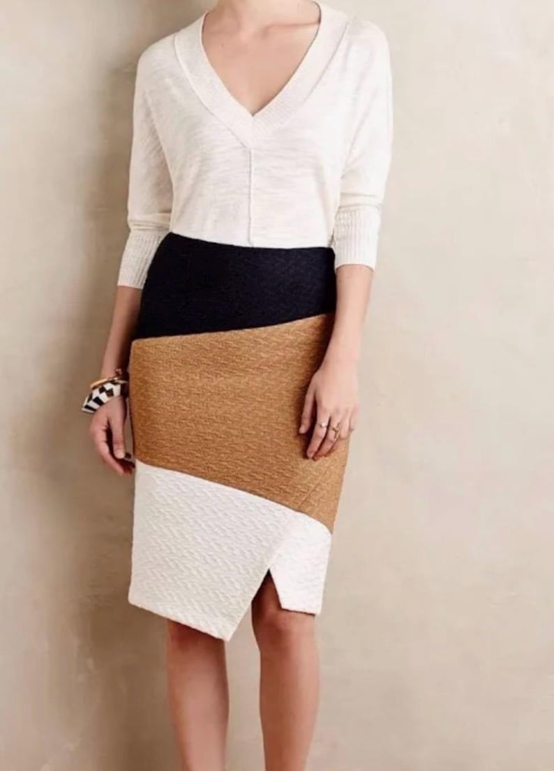 Anthropologie HD In Paris Textured Knit Pencil Skirt, Stretchy Figure Hugging Asymmetrical, Color Block, Brown, Black, and White, 6, Small bild 1