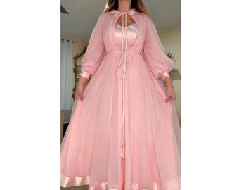 Vintage 1970s Lucie Ann Claire Sandra Peignoir Set • Nightgown & Robe • Chiffon • Lace • Powder Pink • Fluffy Sleeves • S/M