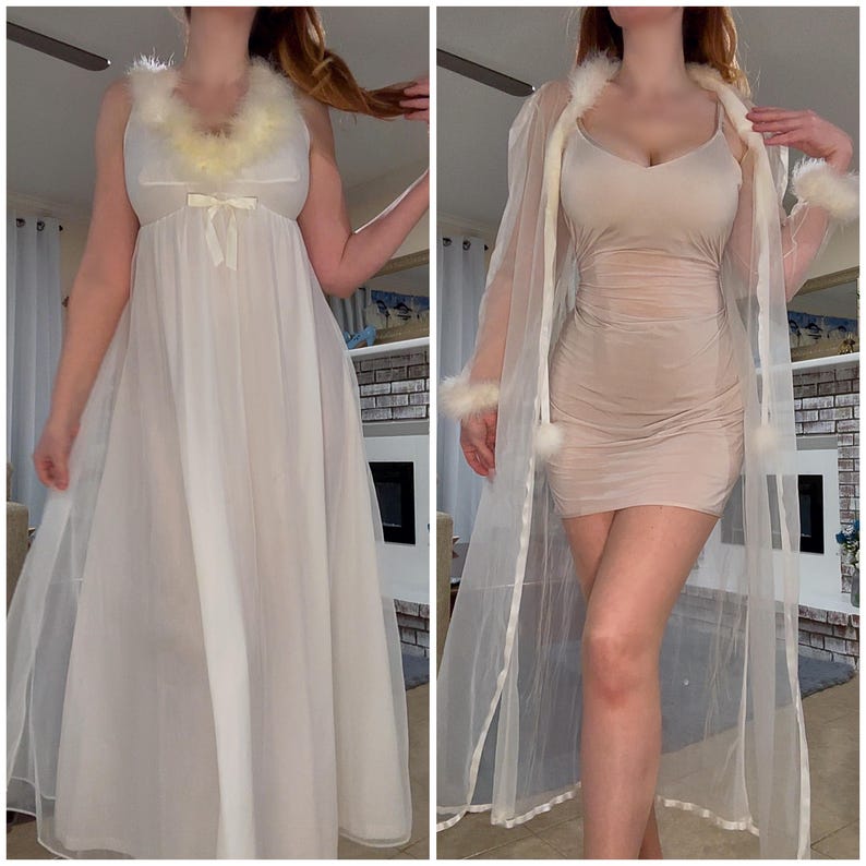1960s Maribou Feather Trimmed Nightgown & Robe Set, Ivory Chiffon Gown, Petite Small image 2