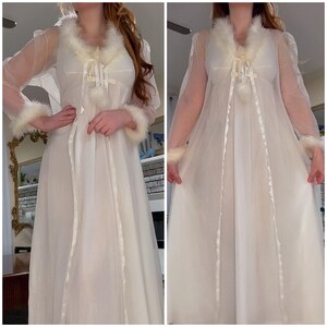 1960s Maribou Feather Trimmed Nightgown & Robe Set, Ivory Chiffon Gown, Petite Small image 5