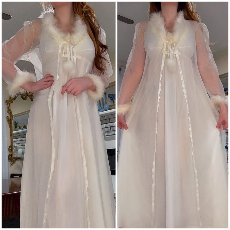 1960s Maribou Feather Trimmed Nightgown & Robe Set, Ivory Chiffon Gown, Petite Small image 5
