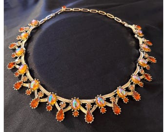 Vintage Signed Coro Choker • Teardrop Necklace • AB Oil Slick Polychrome Amber Cabochons • Orange Rhinestones • Gold Tone