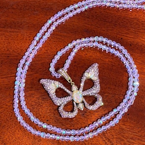 Vintage Heidi Daus Monarch Magic Butterfly Enhancer Pendant on a Long Beaded Lariat Style Sparkling Violet Cut Crystal Necklace, New in Box