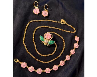 Rare Vintage Signed Joan Rivers Crystal Gardenia Jewelry Set with Bee Pin, Bracelet, Earrings & 24” Necklace • Pink • Limited Edition •