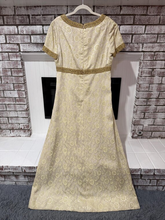 Vintage Women's Brocade Handmade Evening Dress Ivory With Pale Yellow Floral With Gold Brocade Threading, 1960's? Size 12?