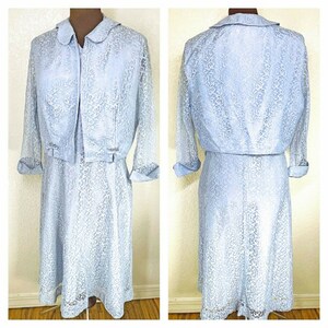 Vintage 1950s  Light blue lace overlay sleeveless dress and lace jacket with Three Quarter Length sleeves.
