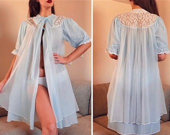 Vintage 1950's Sheer Peignoir Robe GMC Baby Blue Double Chiffon, Lace at Bodice, Short Sleeves, Bow Tie at Neck, M/L Old Hollywood