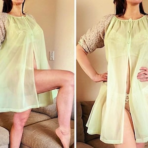 Vintage Sheer Peignoir Robe by Lorraine Lingerie Chiffon Babydoll Mint Green Short Lacy Poofy Sleeves 50’s S/M