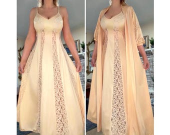 Vintage Olga Nightgown + Robe Set • Rose Gold • Lace Spiral • S/M • 9648, 9748 • Behind Every Olga • 1960s