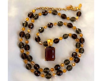 Vintage Signed Joan Rivers Gold Tone Faceted  Smokey Topaz & Honey Amber Glass Bead Necklace w/ Enhancer