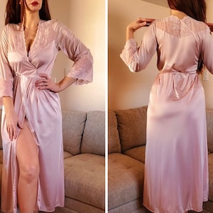 Vintage Vanity Fair Robe Peignoir Schiere Spitze Mieder Blush Rosa Nylon Lang Old Hollywood Glockenärmel Flair, Small
