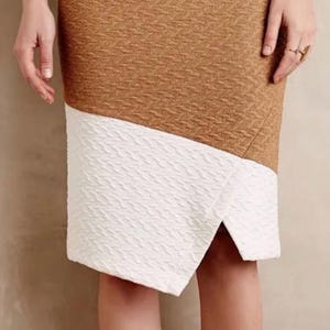 Anthropologie HD In Paris Textured Knit Pencil Skirt, Stretchy Figure Hugging Asymmetrical, Color Block, Brown, Black, and White, 6, Small bild 3