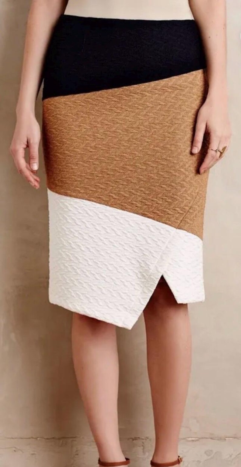 Anthropologie HD In Paris Textured Knit Pencil Skirt, Stretchy Figure Hugging Asymmetrical, Color Block, Brown, Black, and White, 6, Small bild 3