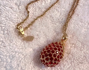 Joan Rivers Red Crystal Faberge Egg Pendant Necklace with Gold Bow