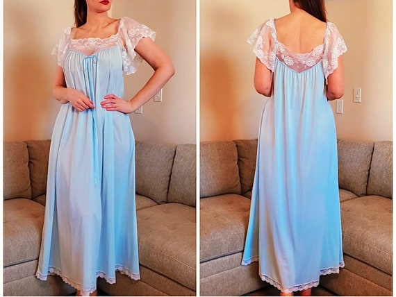 Lucie Ann Nightgown Vintage Light Blue 1960s Whit… - image 1