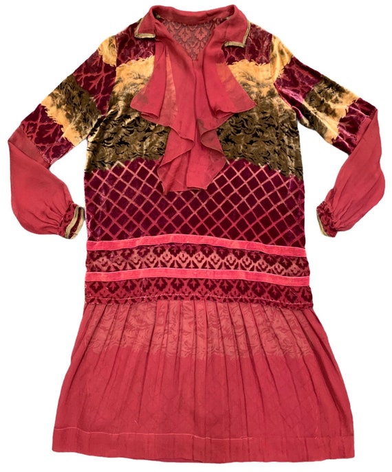 Antique 1920’s Dress Velvet Burnout Silk, Gown, V… - image 3