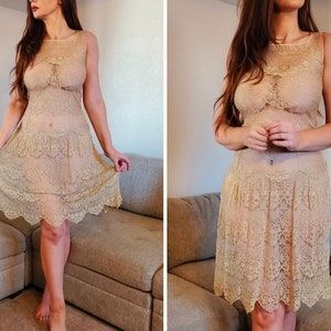 1920s Lace Lingerie Dress Antique Vintage Museum Piece Sheer Floral, Petite Small Beige with Pink Neckline Original Handmade from 1924