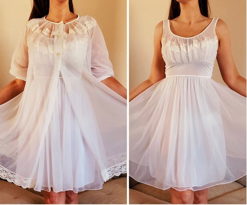 1950s Vintage Nightgown & Robe Shadowline Set, White Chiffon Day Dress