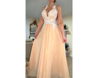 Boutique Ivory Lace & Champagne Chiffon Bridal Gown • Illusion Mesh A-Line Wedding Dress • Unknown Designer