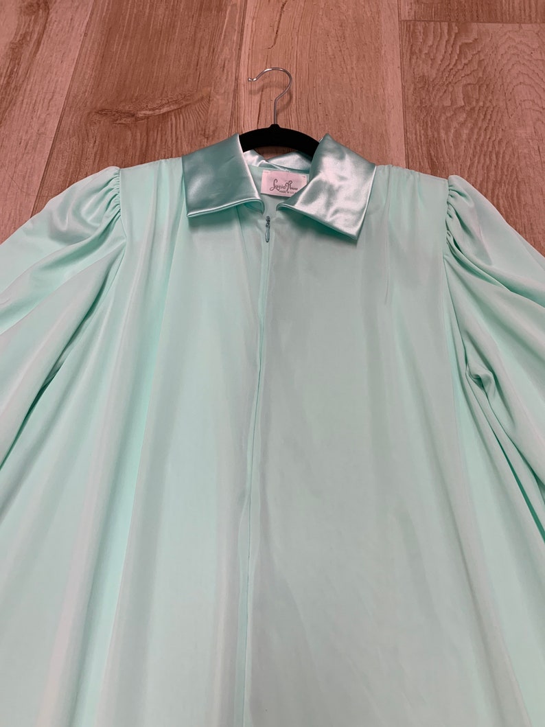 Vintage 1950s Lucie Ann Robe Dressing/Hostess Gown/Robe, Aqua Green, Satin Trim, Zip Front, Medium, Made in USA image 4