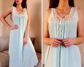 Vintage Dior Nightgown, Semi Sheer, Mint Green, I Magnin, Long, Glamorous, Sexy, Medium, Union Tag, Made in USA