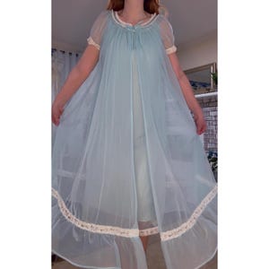 Vintage Tosca Chiffon Peignoir Robe & Nightgown Set, Lace Trim, Light Blue, Fluffy