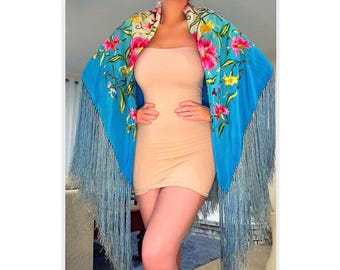 Vintage 1920s Large Piano Shawl • Bright Turquoise Silk • Dense Floral Embroidery • 45”x45” with 15” Hand Knotted Silk Fringe