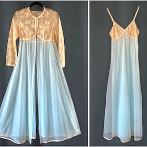 Vintage 1950s Sheer Nightgown & Robe Set by VANITY FAIR Peignoir Negligee Light Blue Tan Lace Full Length Bridal 32 Small/XS
