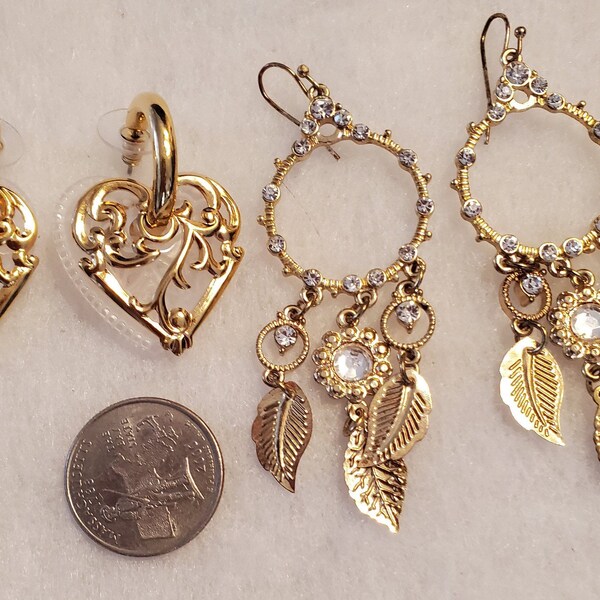 2 Pairs of Fun Pierced Goldtone Earrings, Dream catcher and Lucite Heart Charm Hoops