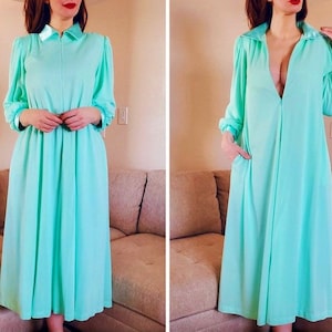 Vintage 1950s Lucie Ann Robe Dressing/Hostess Gown/Robe, Aqua Green, Satin Trim, Zip Front, Medium, Made in USA image 1