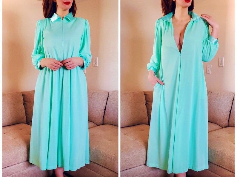 Vintage 1950s Lucie Ann Robe Dressing/Hostess Gown/Robe, Aqua Green, Satin Trim, Zip Front, Medium, Made in USA image 1