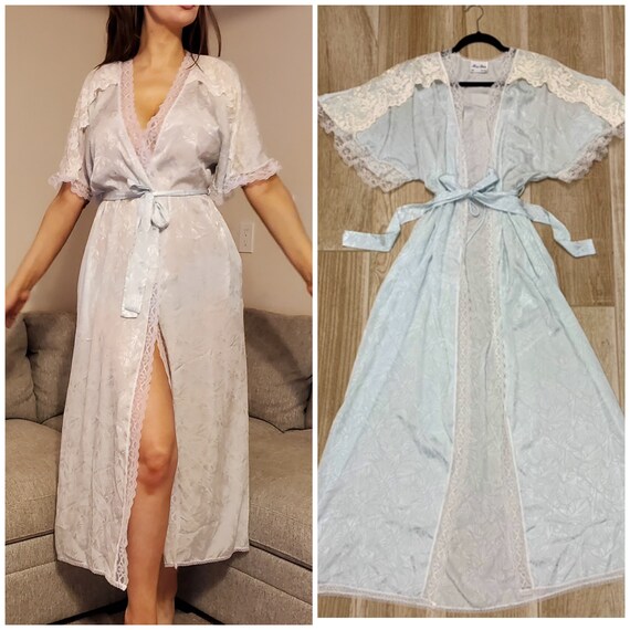 Vintage Miss Dior Powder Blue Full Length Peignoir With White Lace Trim S M Long Robe Shiny Frilly Lace Etsy