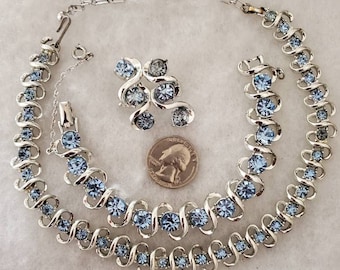 Vintage 1950s Coro Blue Aquamarine Rhinestone Necklace, Bracelet with Safety Chain, Climber Clip Earrings, Parure, Shiny Silver Rhodium  Set