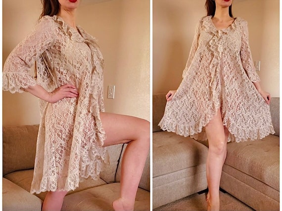 CreativeEnergyShop Claire Sandra by Lucie Ann Sheer Robe Peignoir Vintage 1960 s Dressing Gown Hostess Dress Ecru French Alencon Lace Boho Chic Festival Coat