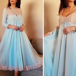 Vintage Sheer Nightgown Robe Set by CLAIRE SANDRA Lucie Ann from Neiman Marcus Peignoir, Mint Green/Blue, Small
