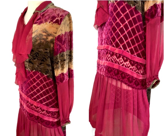 Antique 1920’s Dress Velvet Burnout Silk, Gown, V… - image 6
