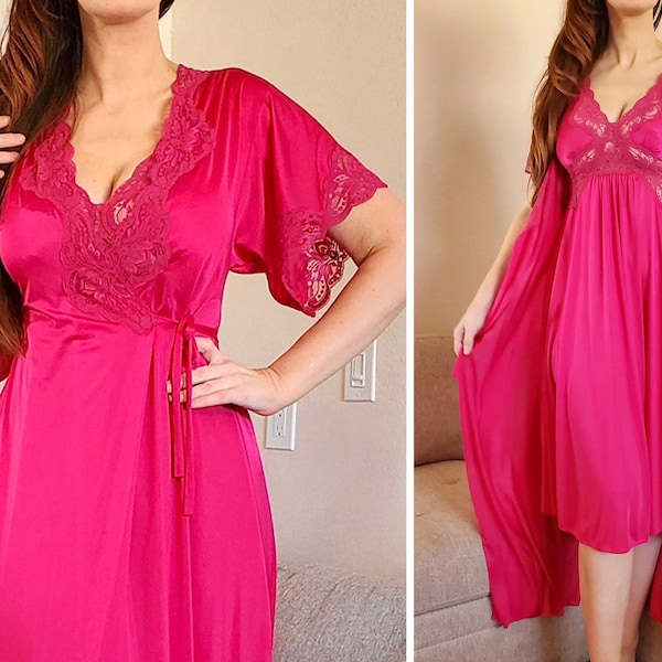 VTG Gold Designer Collection Olga Hot Pink Magenta Nylon Lace Peignoir Nightgown Robe Set 2pc S Bridal