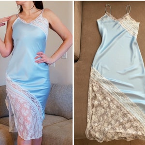 Vintage Light Blue Nightgown by Val Mode Sheer White Lace Detail, Small Old Hollywood Sexy Negligee Sexy 1970s 70’s