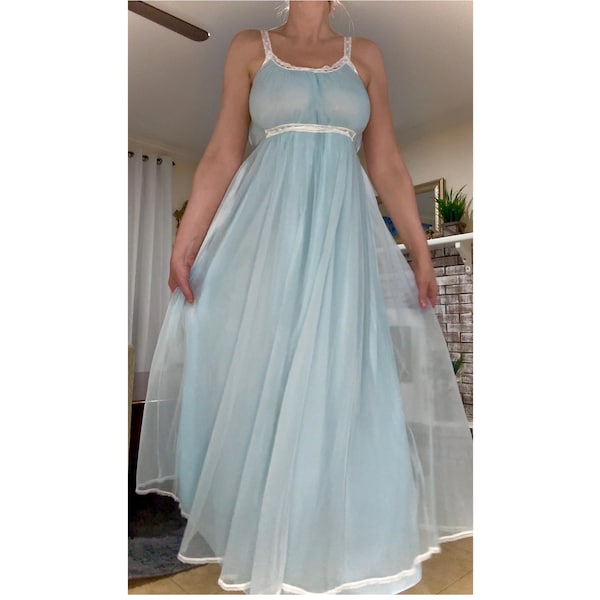 Vintage 1960s Chiffon Nightgown • Goddess Style • Beau Monde • Light Blue Gown • Sheer Overlay • Lace Trim • Fluffy, Long, Elegant, S M
