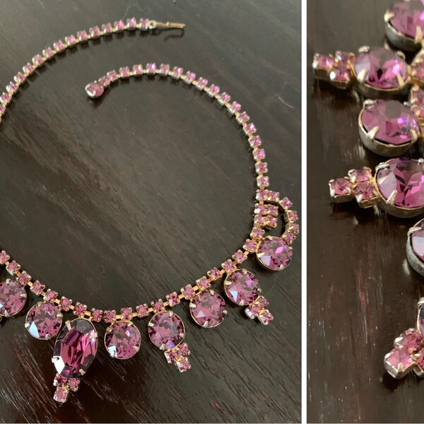 Vintage jaren 1940 paarse strass choker ketting, midcentury statement sieraden