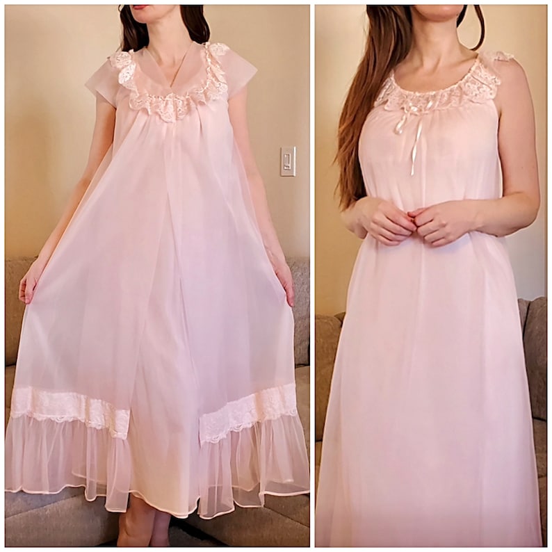 Vintage 70s Pink Shadowline Chiffon Nightgown & Robe Set S | Etsy
