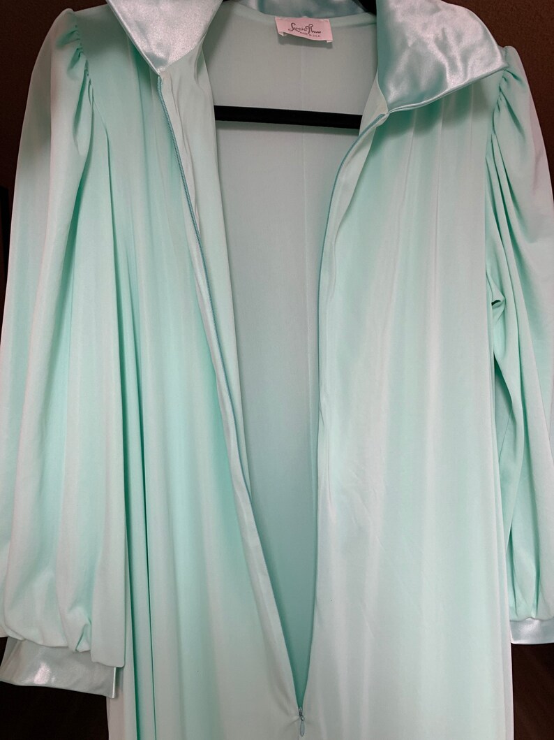 Vintage 1950s Lucie Ann Robe Dressing/Hostess Gown/Robe, Aqua Green, Satin Trim, Zip Front, Medium, Made in USA image 10