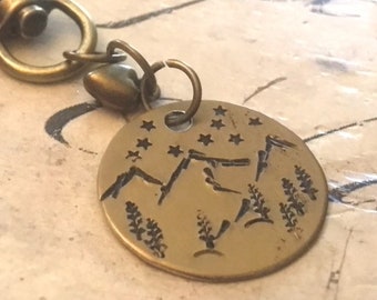 Mountains at Night Bag Charm, Bronze aluminum, hypoallergenic, stamped, hand stamped, free style stamping, giftables, mountains, nat