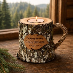 Personalized Coffee Mug Memorial Candle Holder Urn for Ashes, Rustic Log Tealight Keepsake Urn, Leather Memorial Leaf