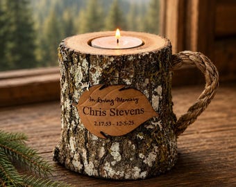 Personalized Coffee Mug Memorial Candle Holder Urn for Ashes, Rustic Log Tealight Keepsake Urn, Leather Memorial Leaf