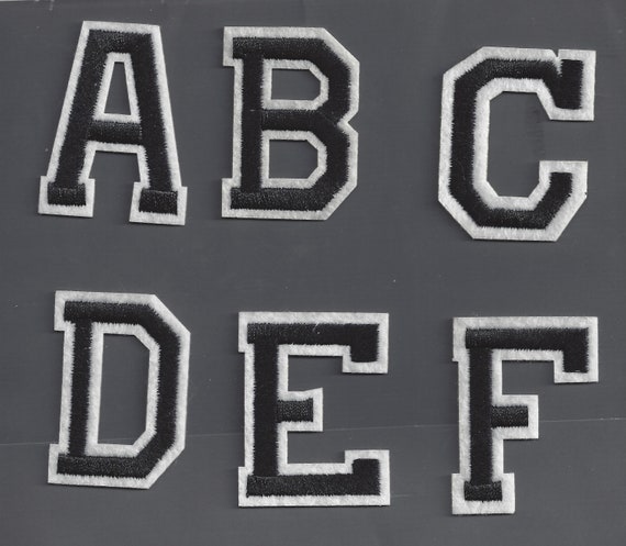Iron on Letters Embroidered Black on White Border Top Quality. 2 Inch Tall  