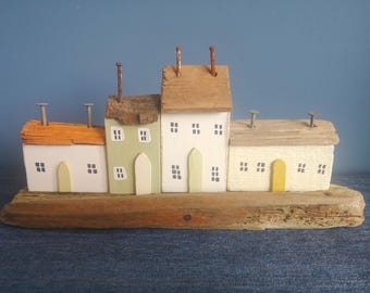 Handmade Driftwood Cottage Sculpture, Rustic Coastal Decor